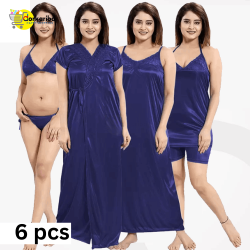 6-Part Long Solid Night Dress Set A Fashionable and Comfortable Choice for Nighttime Wardrobe Color Family - Deep Blue