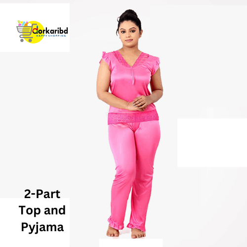 2-Part (Top and Pyjama)  Long Solid Night Dress  and Comfortable Choice Color Family - Pink