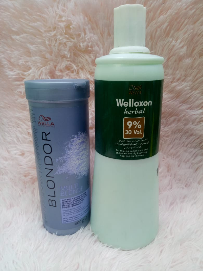 Hair Bleach 1 Pair Combo BIG SIZE Welloxon Herbal 9%, 30 Vol Developer 1000ML And Blondor Powder Bleaching Powder - Wella Professionals 400GM