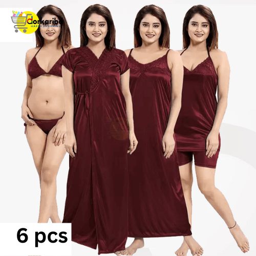 6-Part Long Solid Night Dress Set A Fashionable and Comfortable Choice for Nighttime Wardrobe Color Family- Maroon