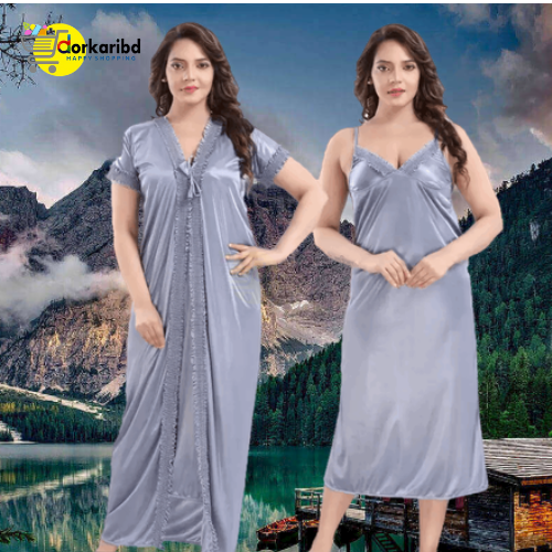 2-Part Long Solid Night Dress Set A Fashionable and Comfortable Choice for Nighttime Wardrobe Color Family- Gery