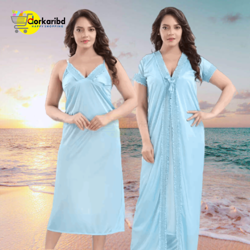2-Part Long Solid Night Dress Set A Fashionable and Comfortable Choice for Nighttime Wardrobe Color Family- Sky Blue