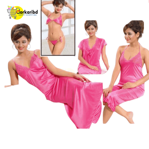 6-Part Long Solid Night Dress Set A Fashionable and Comfortable Choice for Nighttime Wardrobe Color Family- PiNK