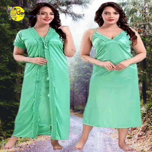 2-Part Long Solid Night Dress Set A Fashionable and Comfortable Choice for Nighttime Wardrobe Color Family- Light Green
