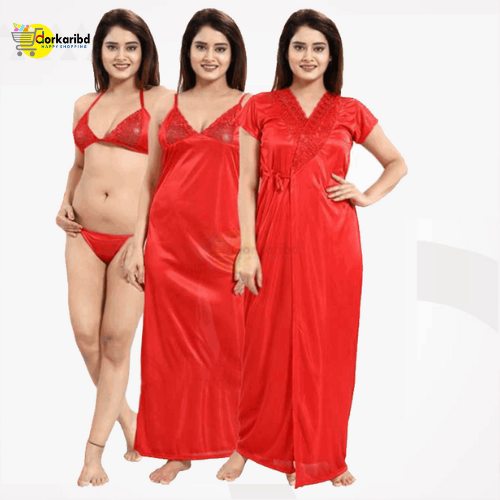4-Part Long Solid Night Dress Set A Fashionable and Comfortable Choice for Nighttime Wardrobe Color Family- Red