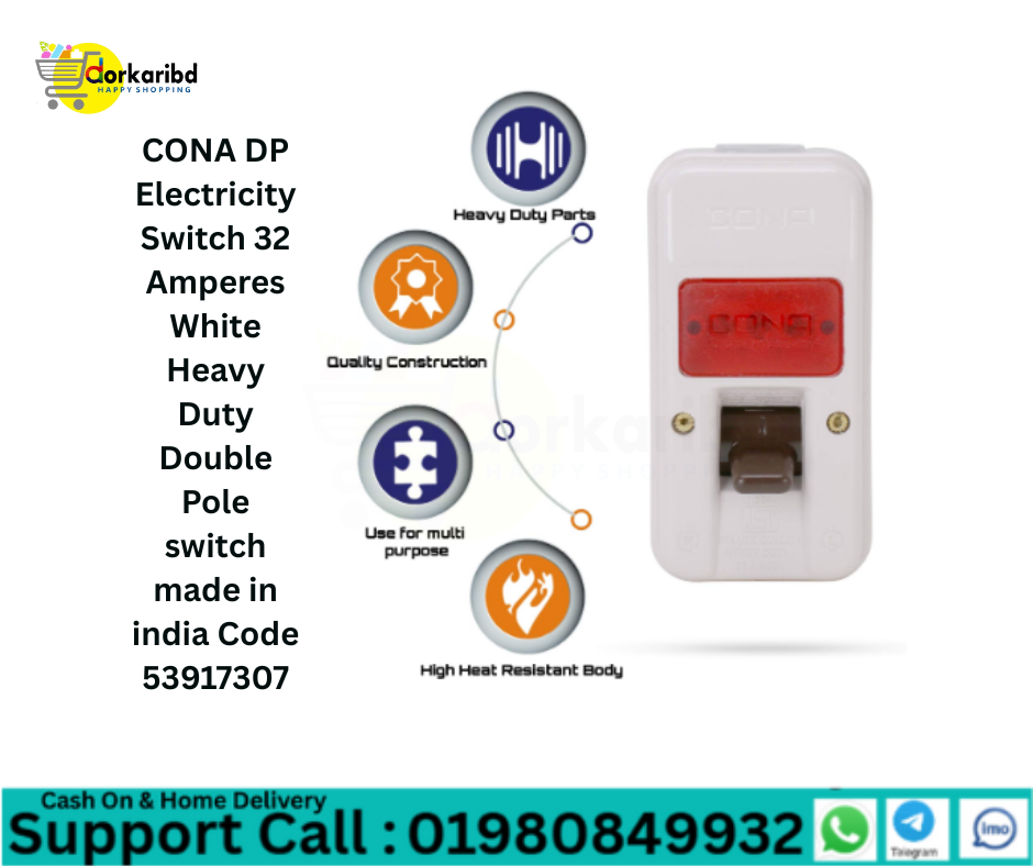 CONA DP Electricity Switch 32 Amperes White Heavy Duty Double Pole switch made in india Code 53917307