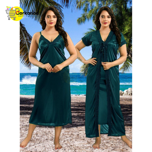 2-Part Long Solid Night Dress Set A Fashionable and Comfortable Choice for Nighttime Wardrobe Color Family- Sea Green