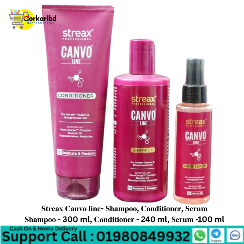 Streax Pro Canvo Line For Chemically Straightened Hair Shampoo- 300 ml Conditioner - 240 ml, & Serum -100 ml