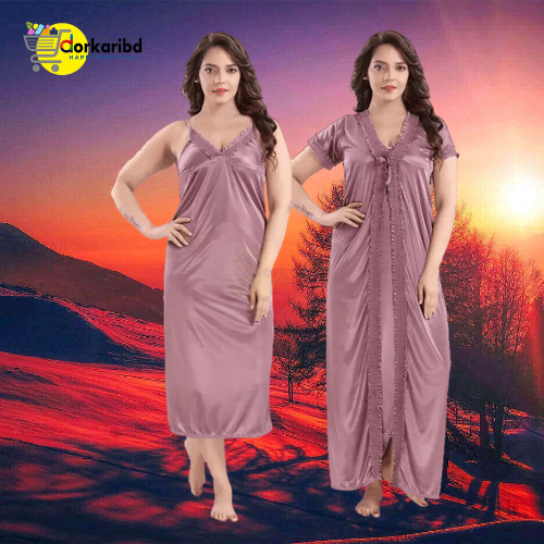 2-Part Long Solid Night Dress Set A Fashionable and Comfortable Choice for Nighttime Wardrobe Color Family- Mati