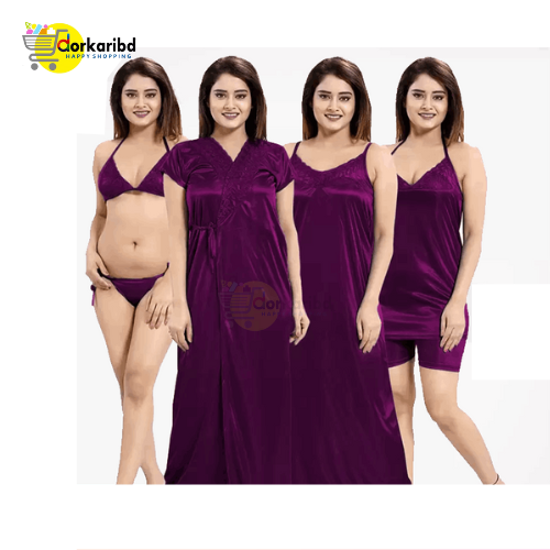 6-Part Long Solid Night Dress Set A Fashionable and Comfortable Choice for Nighttime Wardrobe Color Family- Megenta